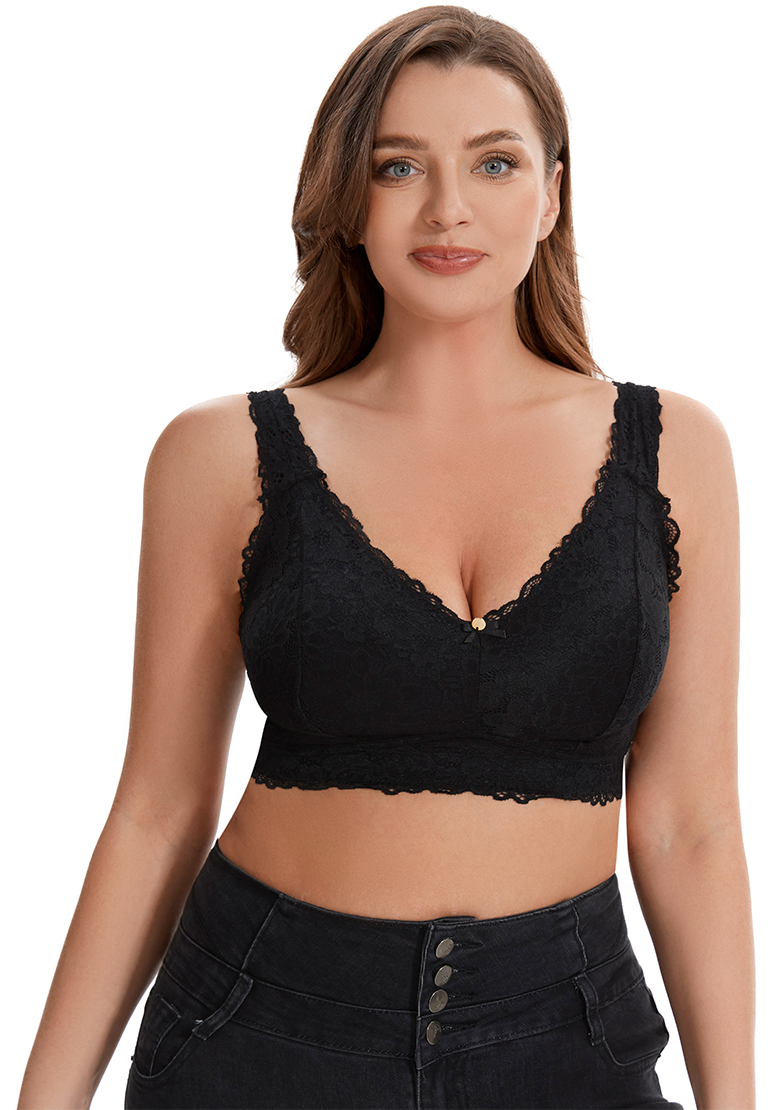 Losha Curvy Double Layered All over Lace Bralette-BLACK