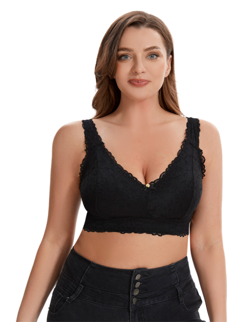 Losha Curvy Double Layered All over Lace Bralette-BLACK