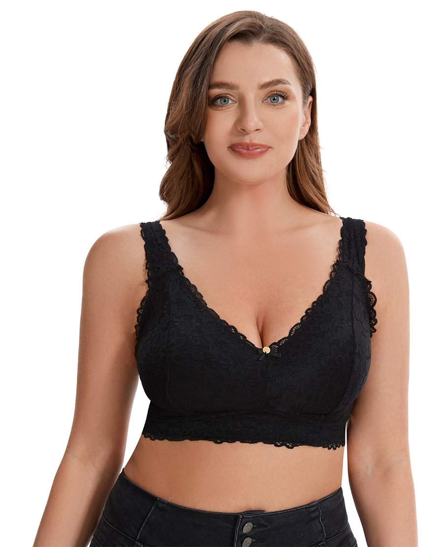 Losha Curvy Double Layered All over Lace Bralette-BLACK