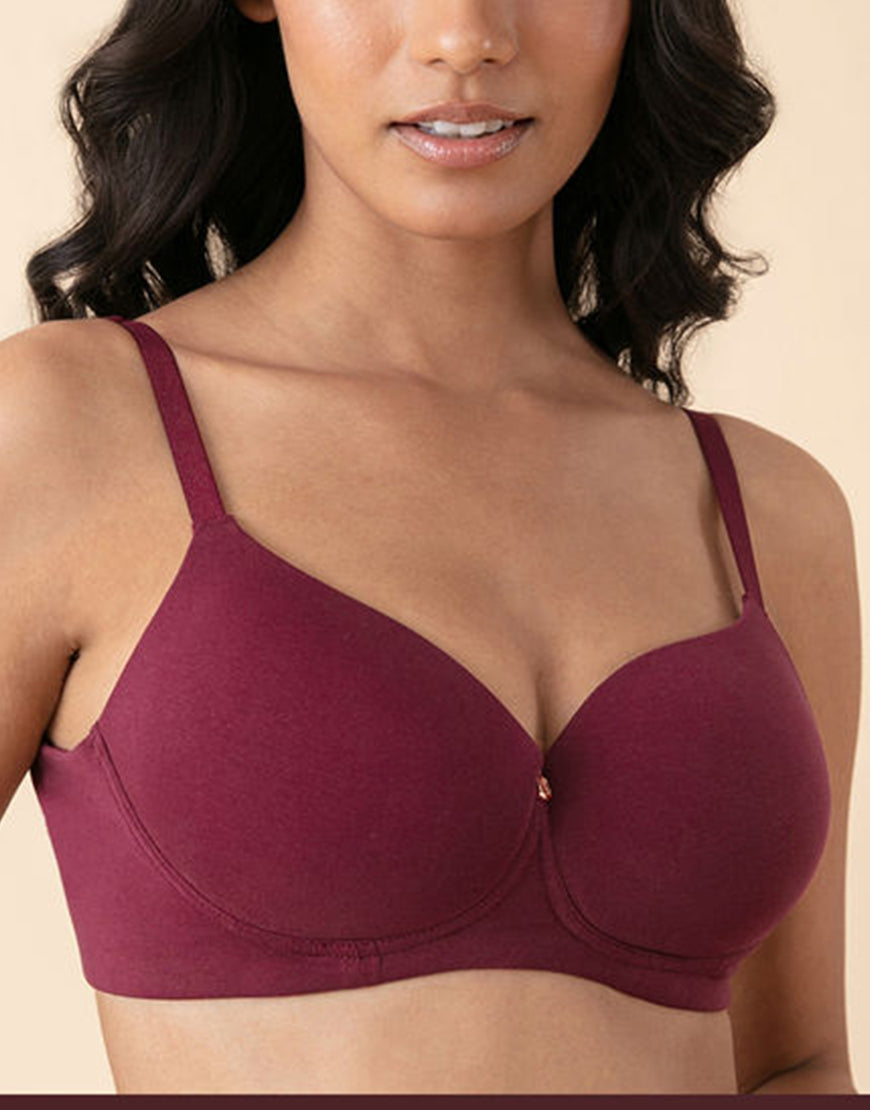 SIDE SMOOTHING BIO WASHED ANTI BACTERIAL COTTON WIRELESS T-SHIRT BRA-MAROON