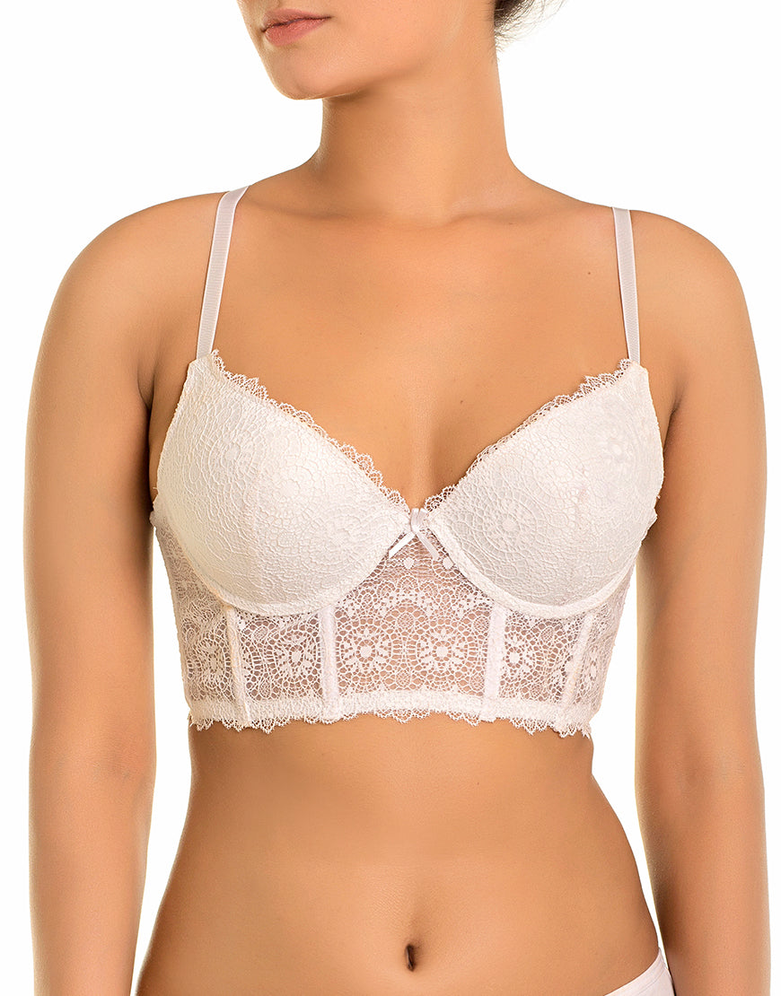 LACE MESH LONGLINE PUSH UP BRA SET- WHITE