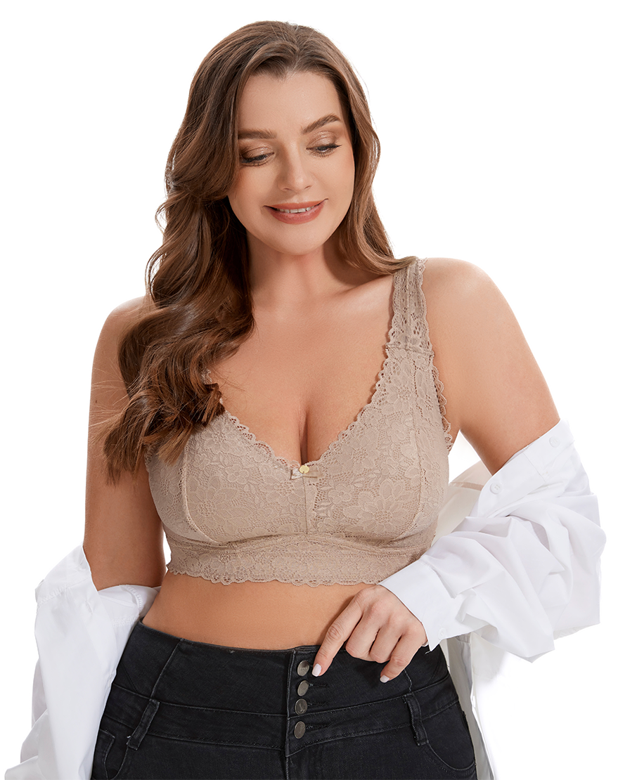 Losha Curvy Double Layered All over Lace Bralette-BEIGE