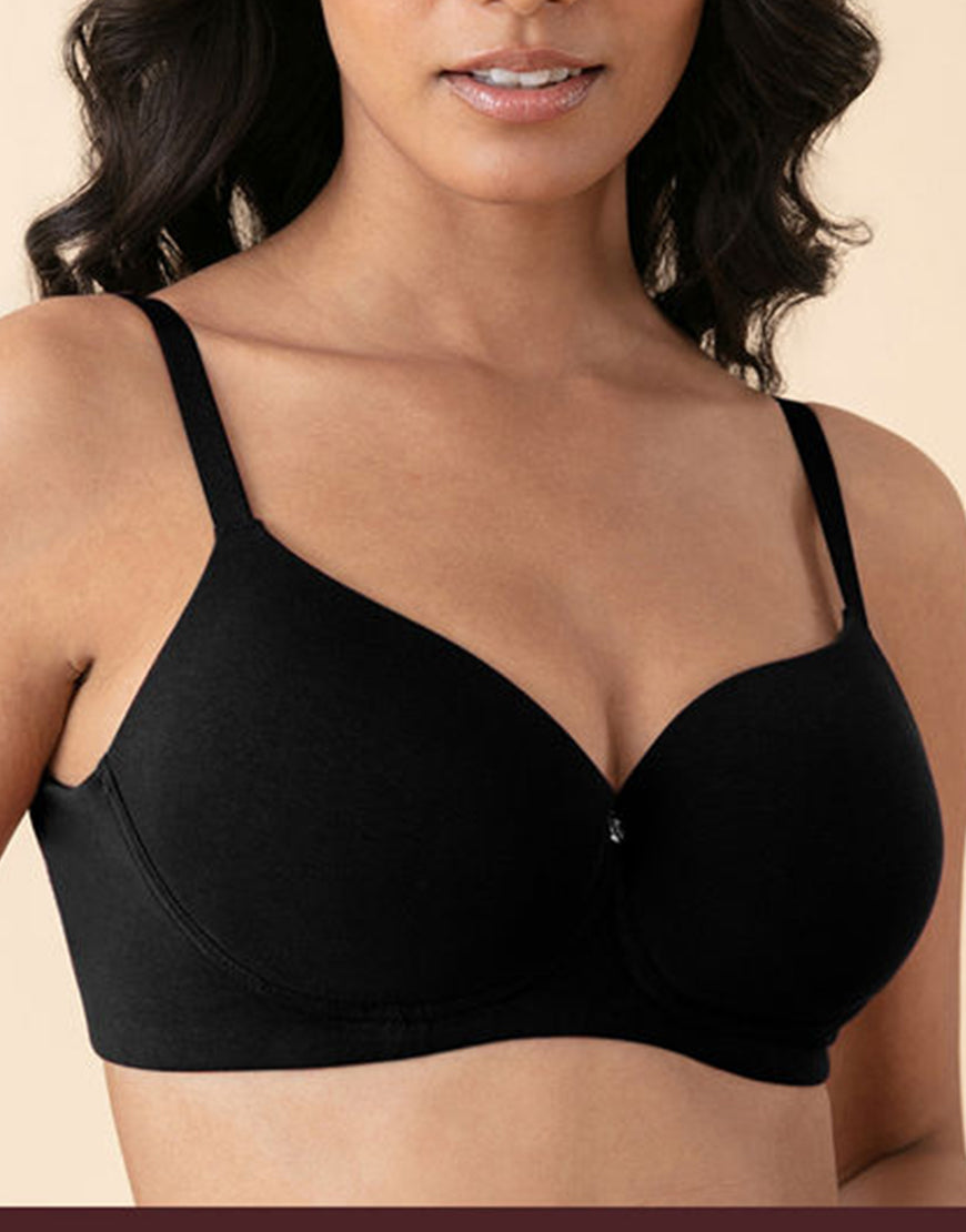 SIDE SMOOTHING BIO WASHED ANTI BACTERIAL COTTON WIRELESS T-SHIRT BRA-BLACK