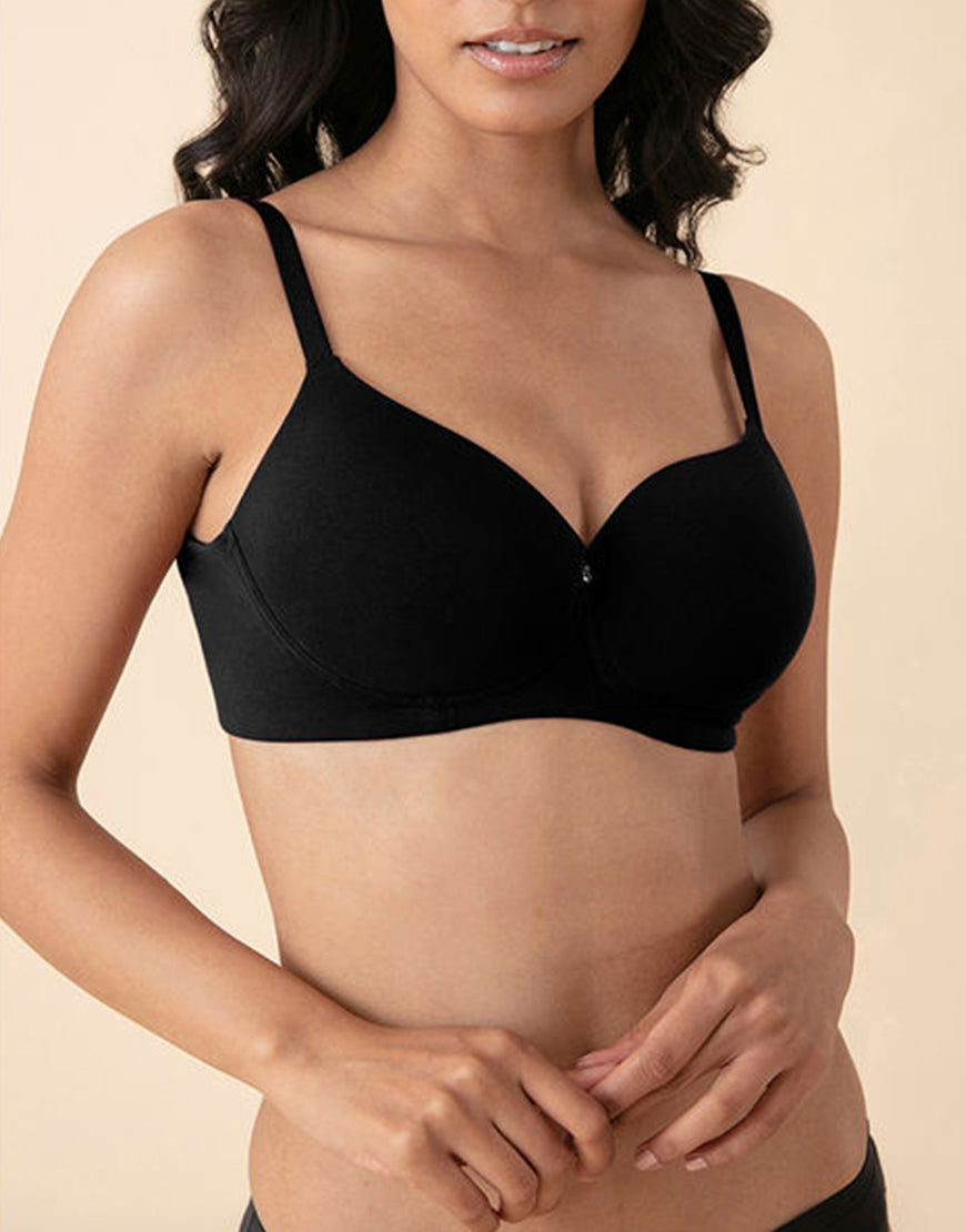 SIDE SMOOTHING BIO WASHED ANTI BACTERIAL COTTON WIRELESS T-SHIRT BRA-BLACK