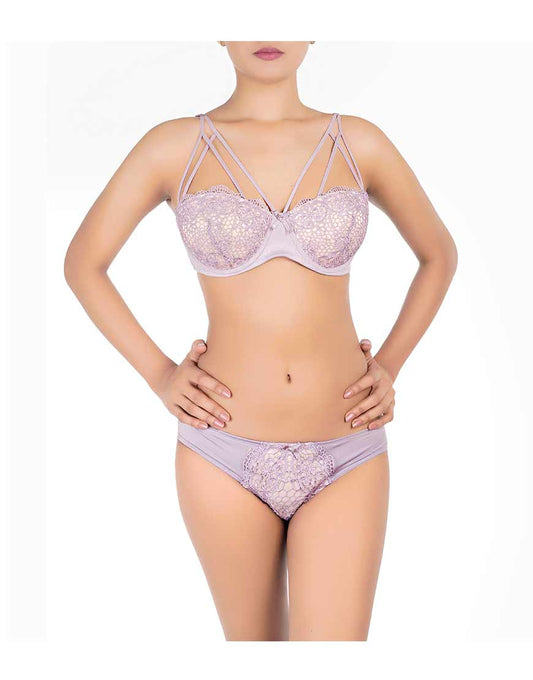 Crochet Touch Cage Cup Bra Set-Lavender Gray