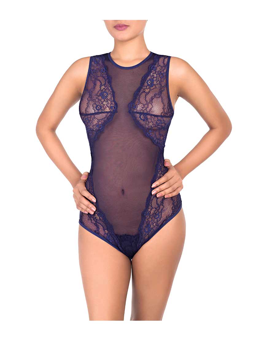 SHEER LACE DETAIL TEDDY- BLUE