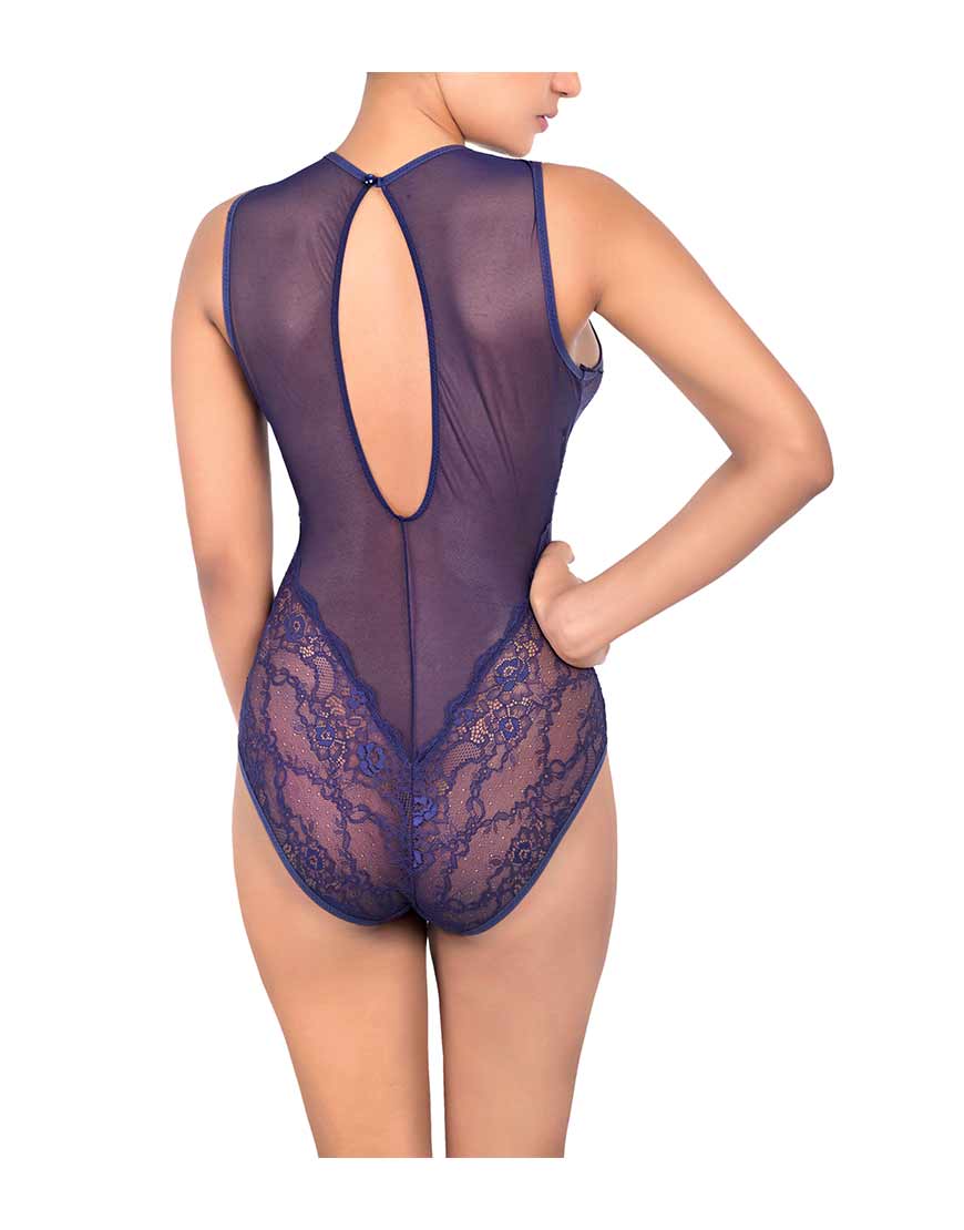 SHEER LACE DETAIL TEDDY- BLUE