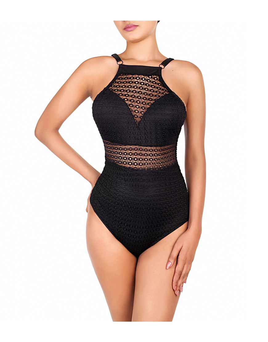 SHEER CROCHET TEDDY-BLACK