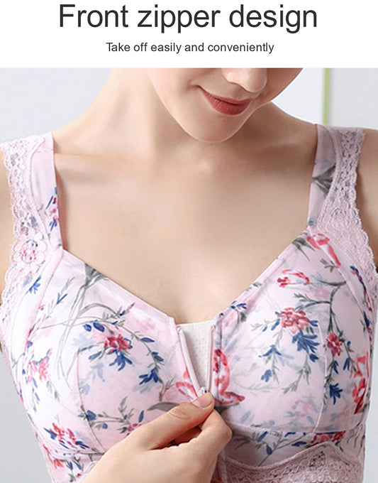 FLORAL PRINT FRONT ZIPPER POST SURGICAL BRA WITH POCKETS-Baby Pink