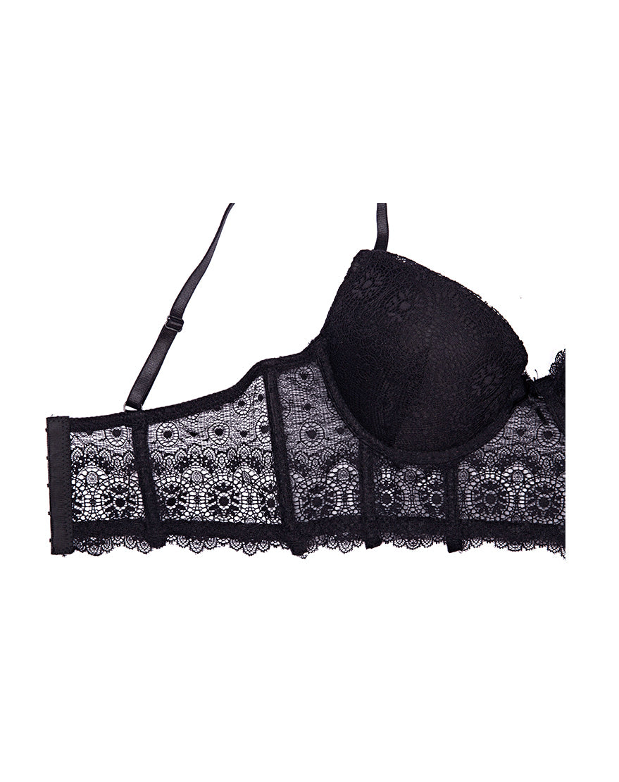 LACE MESH LONGLINE PUSH UP BRA SET