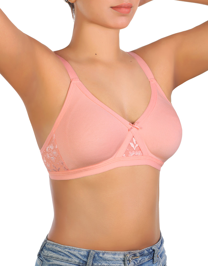 Wirefree Super Support Cotton bra With Touch Of Lace -PINK