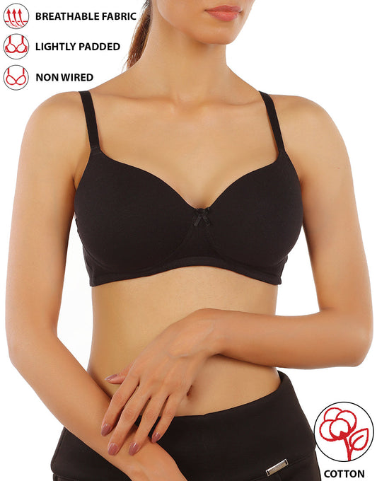 LOSHA COTTON WIREFREE LIGHTLY PADDED T-SHIRT BRA-BLACK