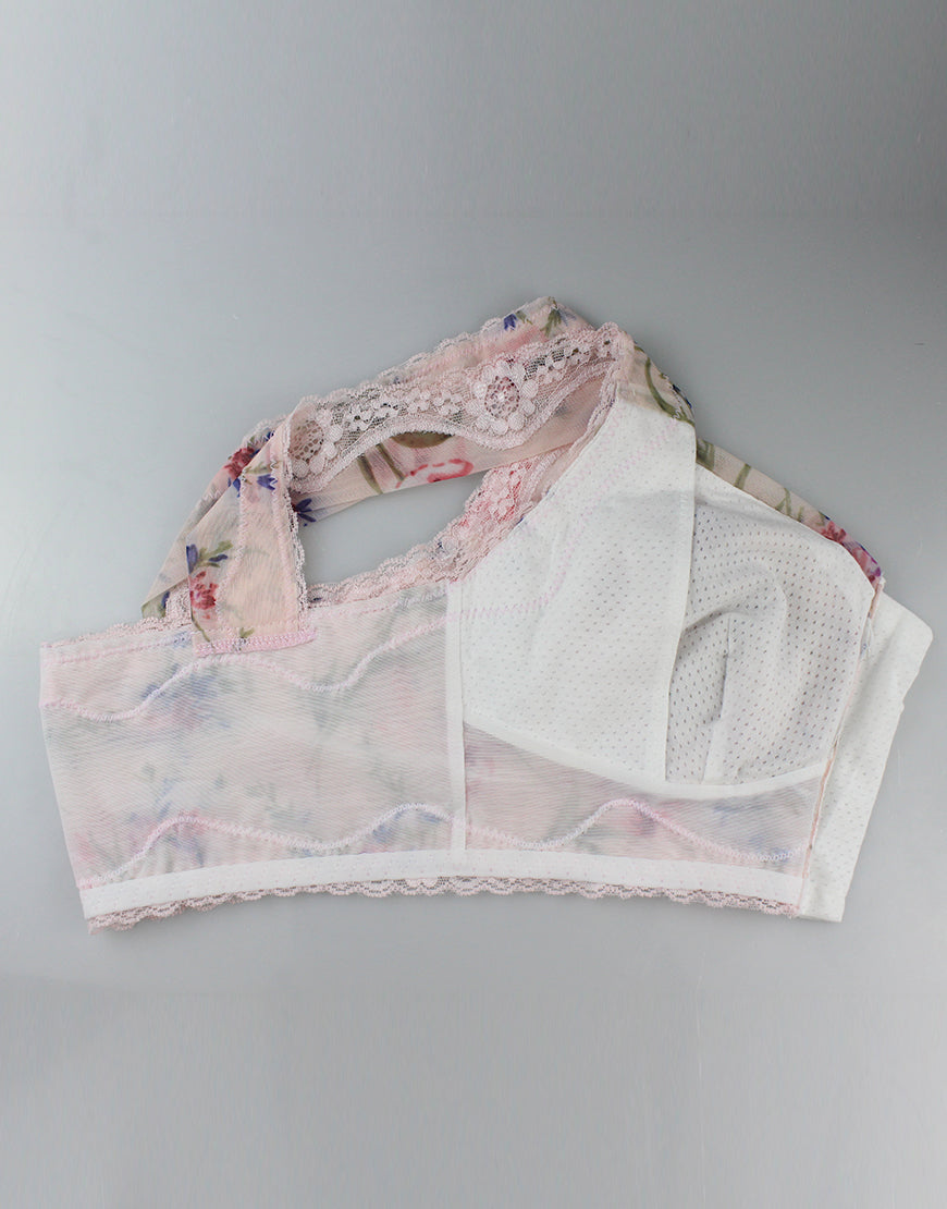 FLORAL PRINT FRONT ZIPPER POST SURGICAL BRA WITH POCKETS-Baby Pink