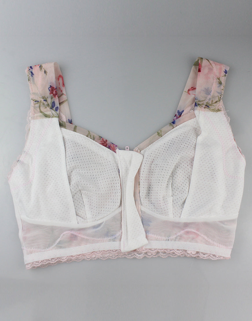 FLORAL PRINT FRONT ZIPPER POST SURGICAL BRA WITH POCKETS-Baby Pink