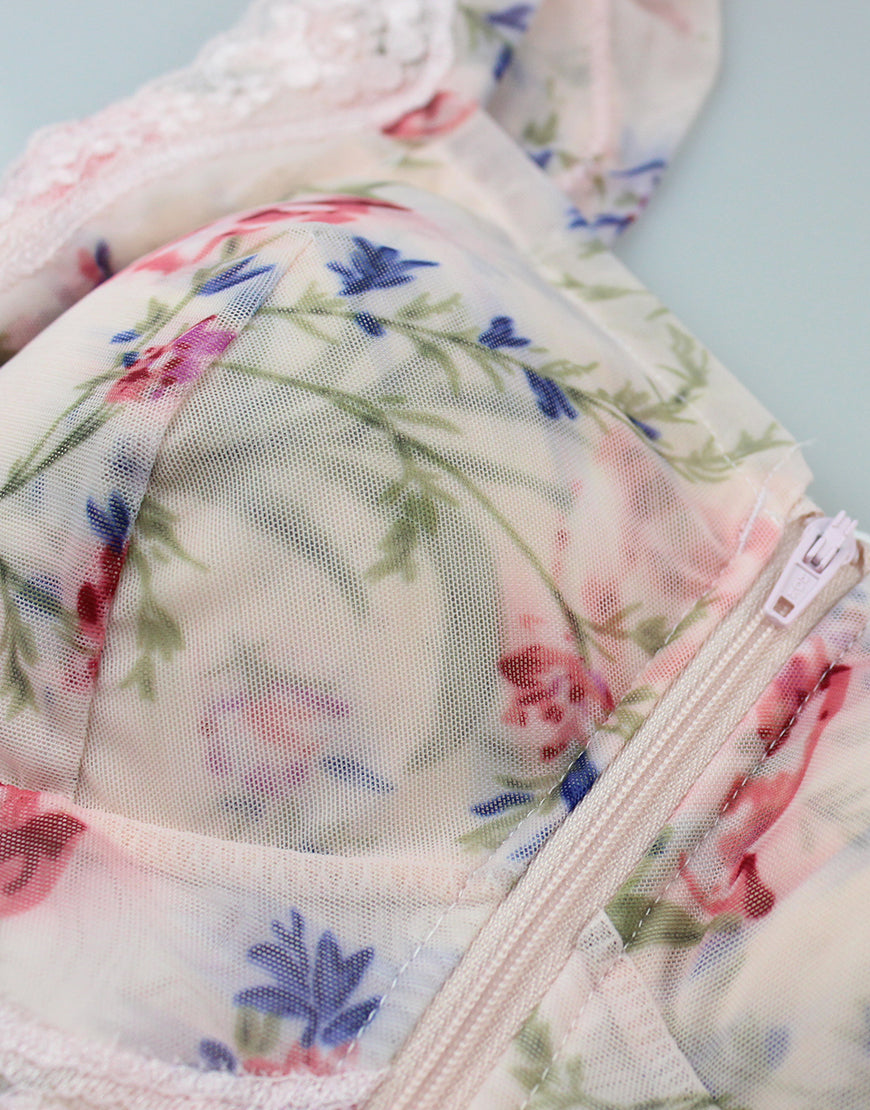 FLORAL PRINT FRONT ZIPPER POST SURGICAL BRA WITH POCKETS-Baby Pink