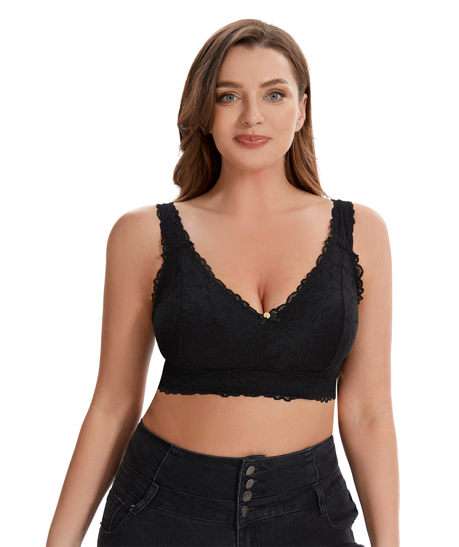 Losha Curvy Double Layered All over Lace Bralette-BLACK