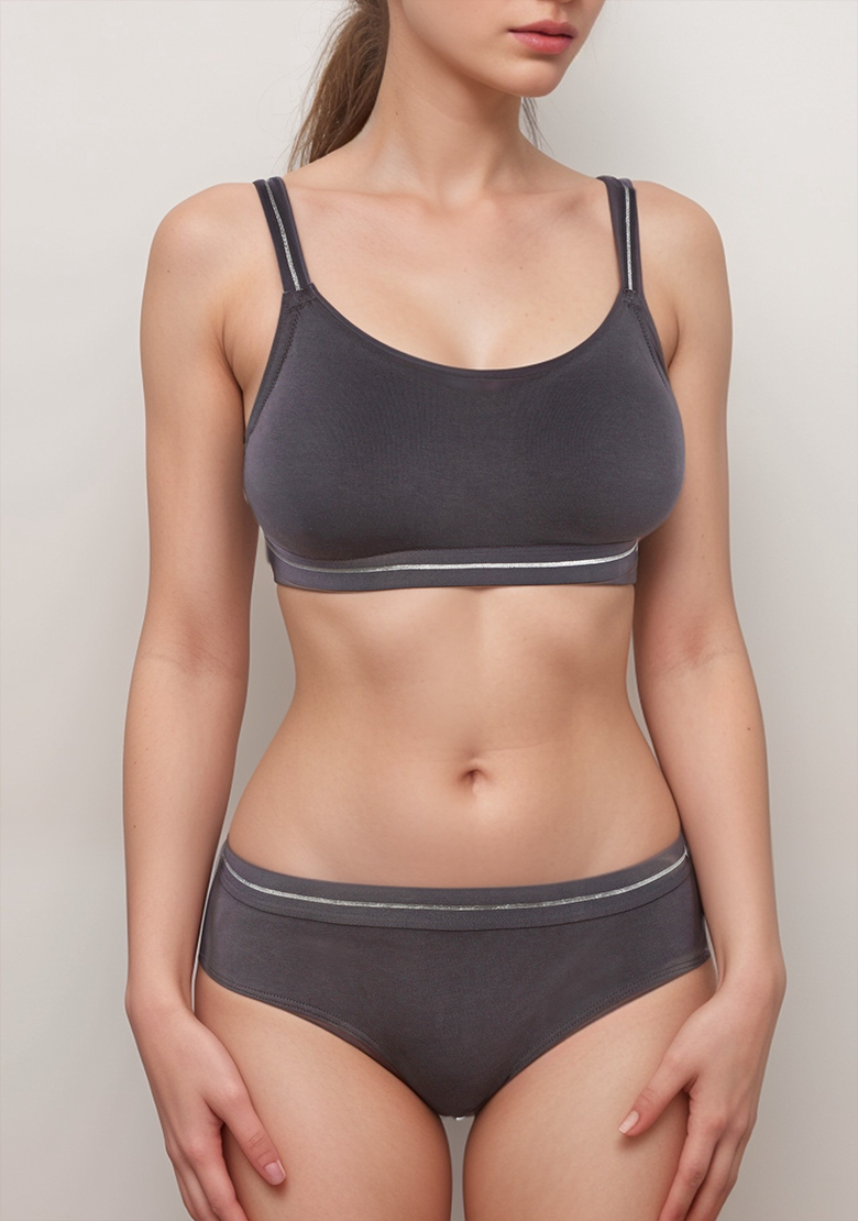 DOUBLE LAYERED COTTON WIREFREE BRA WITH GLITTER ELASTIC WAIST BAND -GREY