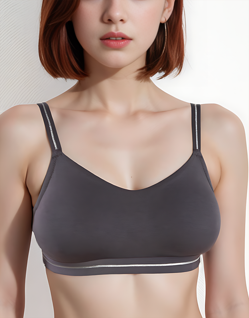 DOUBLE LAYERED COTTON WIREFREE BRA WITH GLITTER ELASTIC WAIST BAND -GREY