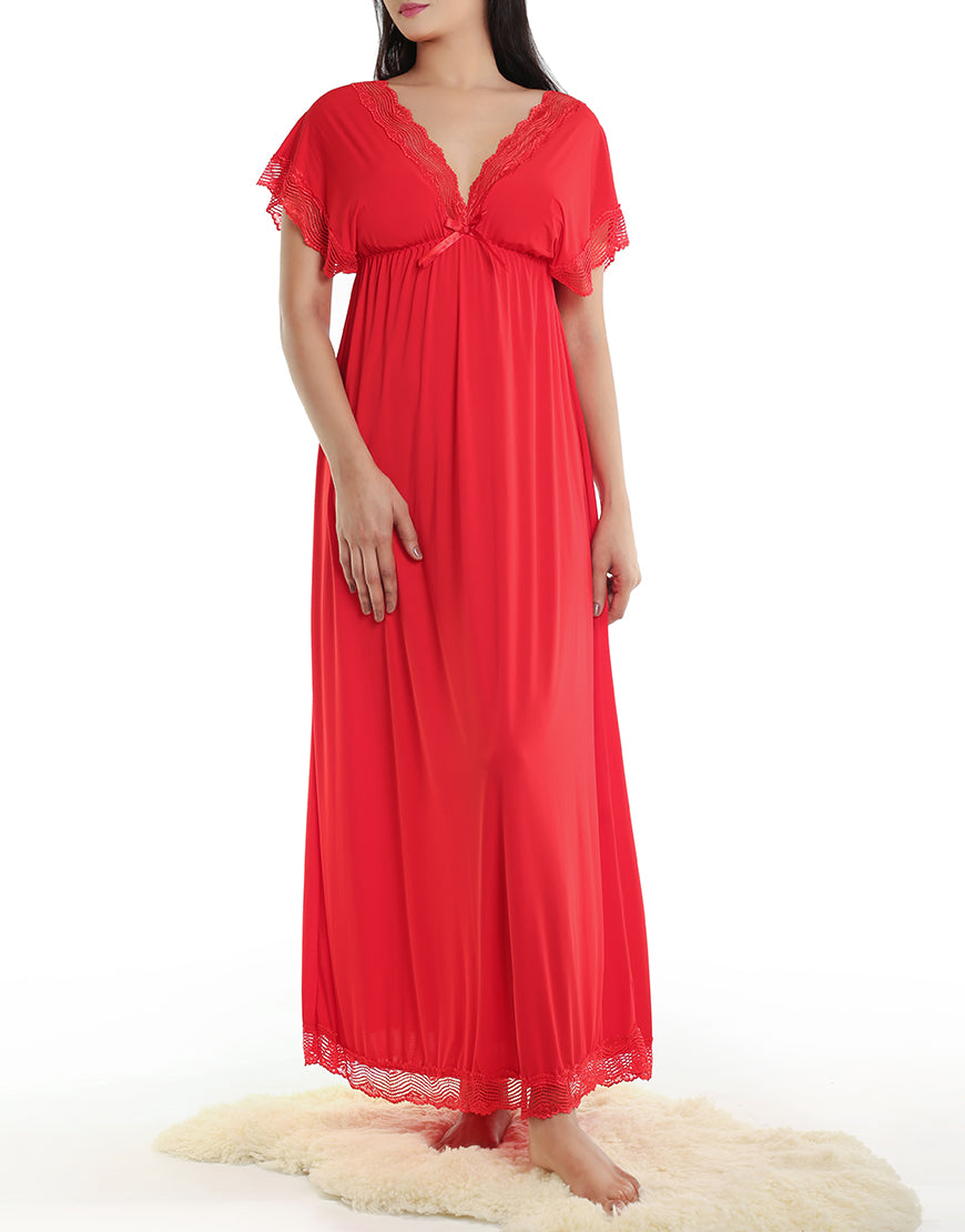 LOSHA LACE TRIM LONG NIGHTY WITH ELASTIC UNDER BUST-RED