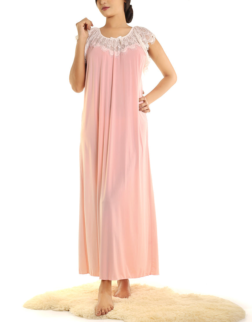 LONG NIGHTY WITH CONTRAST LACE NECKLINE AND DROP SHOULDERS-PINK