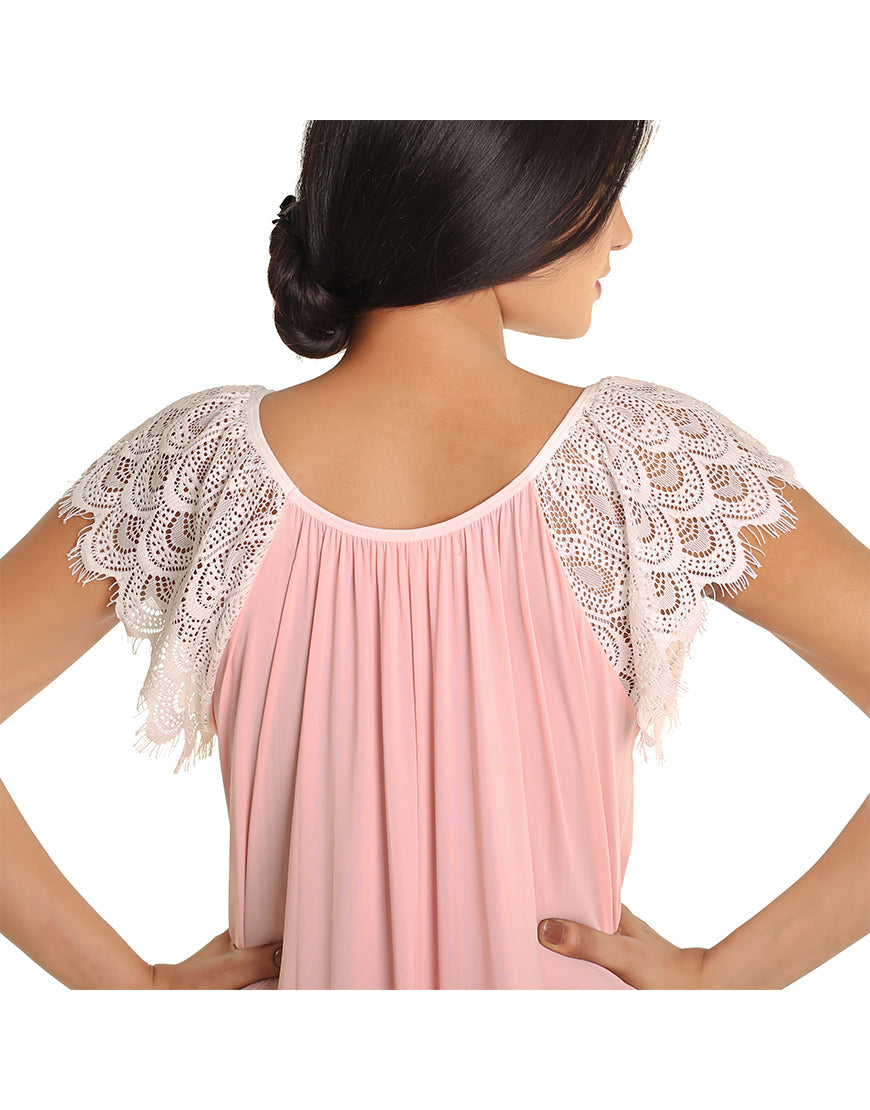 LONG NIGHTY WITH CONTRAST LACE NECKLINE AND DROP SHOULDERS-PINK