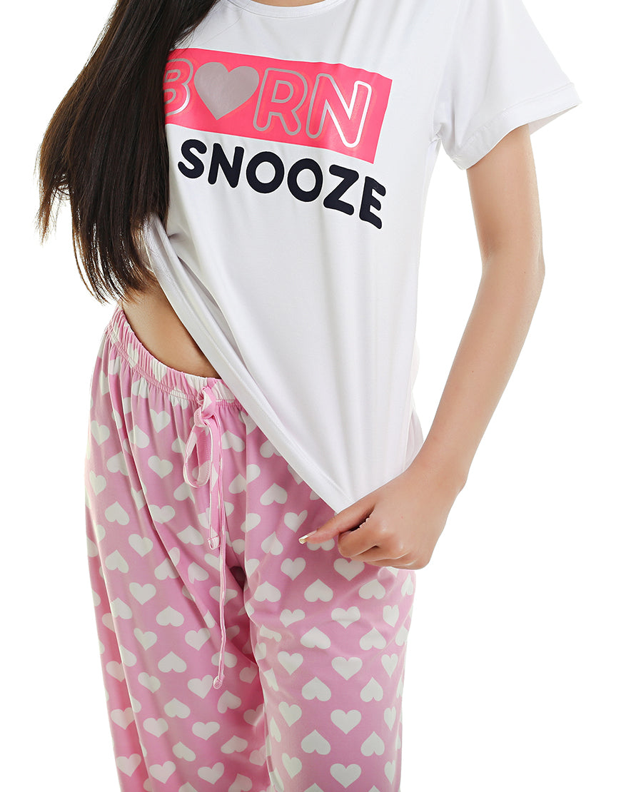 BORN TO SNOOZE TOP & PJ SET - WHITE PINK