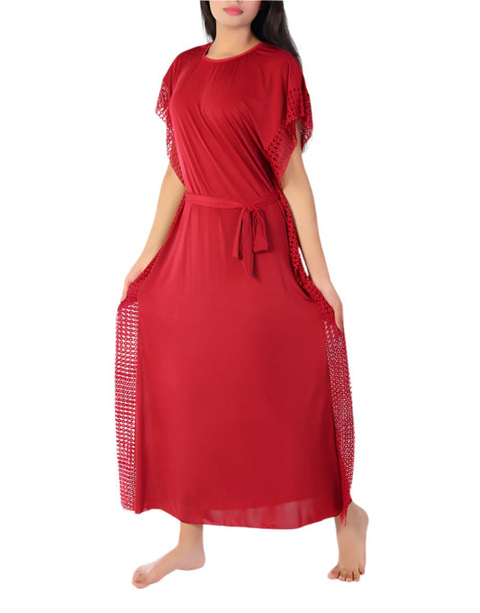 2 PIECE ROUND NECK SIDE LACE LONG NIGHTY -MAROON