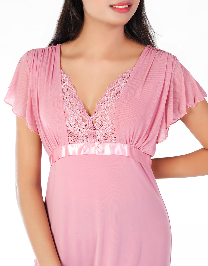 2 PIECE LACY NECK LONG NIGHTY -BABY PINK