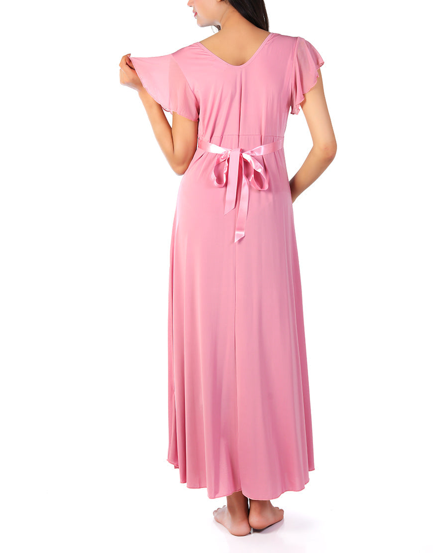 2 PIECE LACY NECK LONG NIGHTY -BABY PINK