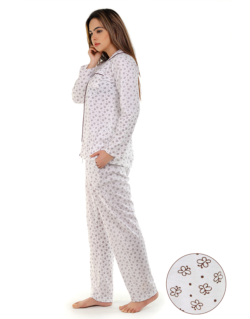 SIESTA COTTON BUTTON DOWN SHIRT & PJ SET-WHITE BUTTERFLIES