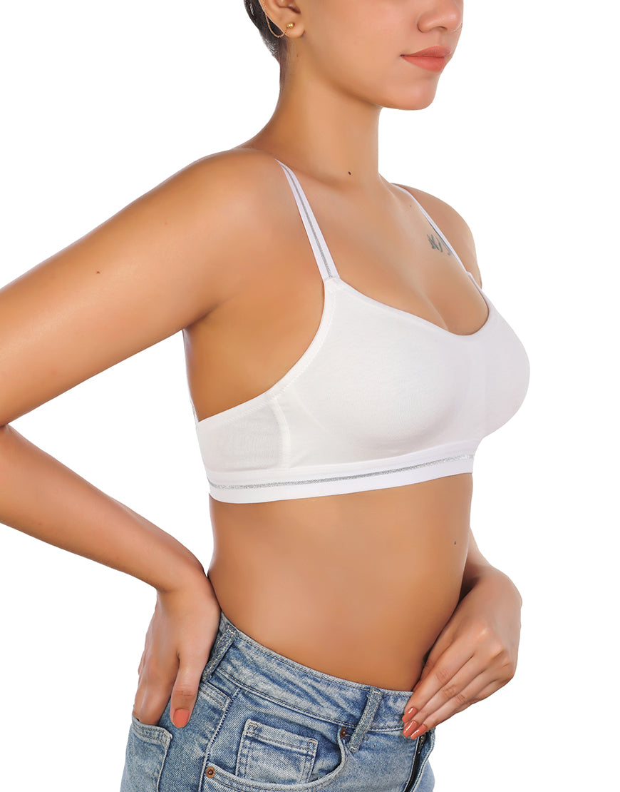 DOUBLE LAYERED COTTON WIREFREE BRA WITH GLITTER ELASTIC WAIST BAND -WHITE