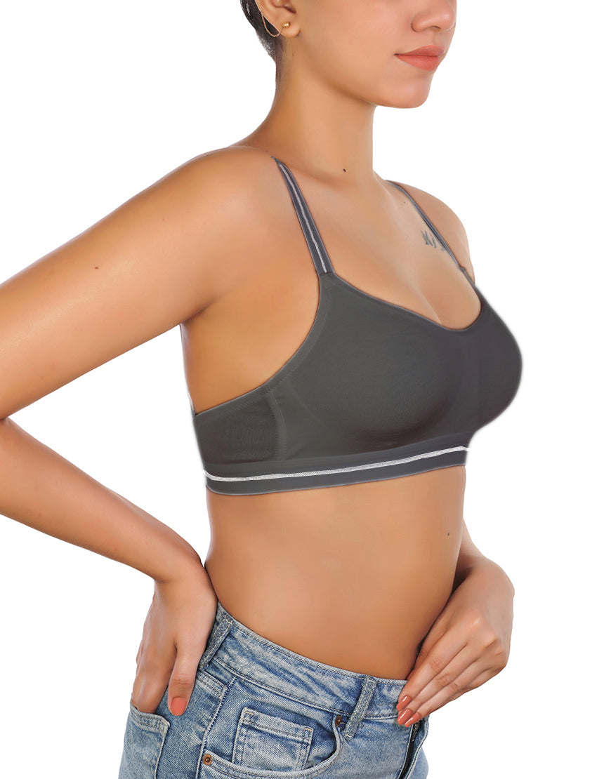 DOUBLE LAYERED COTTON WIREFREE BRA WITH GLITTER ELASTIC WAIST BAND -GREY