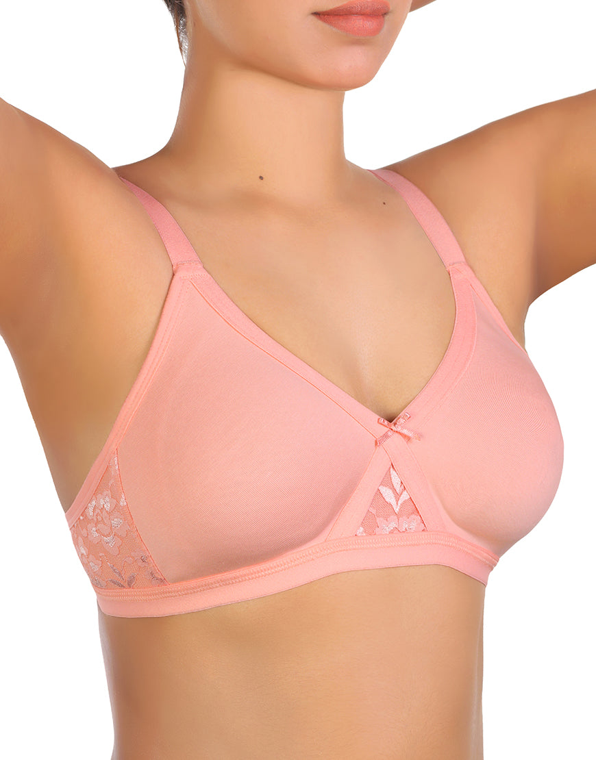 Wirefree Super Support Cotton bra With Touch Of Lace -PINK