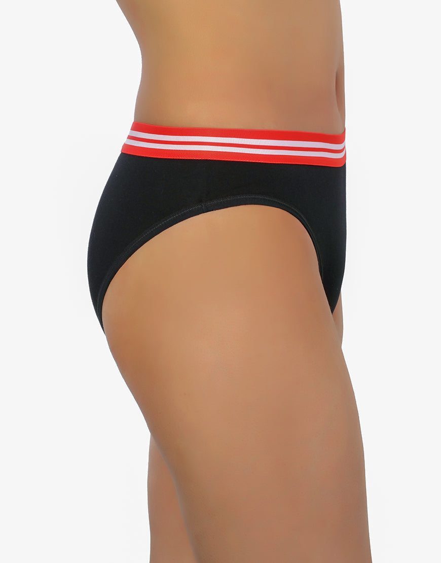 COTTON LOW WAIST BIKNI BREIF WITH STRIPED ELASTIC WAIST BAND-BLACK