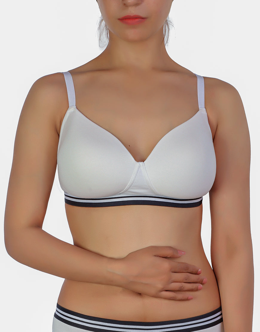 LIGHTLY PADDED NON WIRED TSHIRT BRA WITH STRIPED ELASTIC WAIST BAND-WHITE