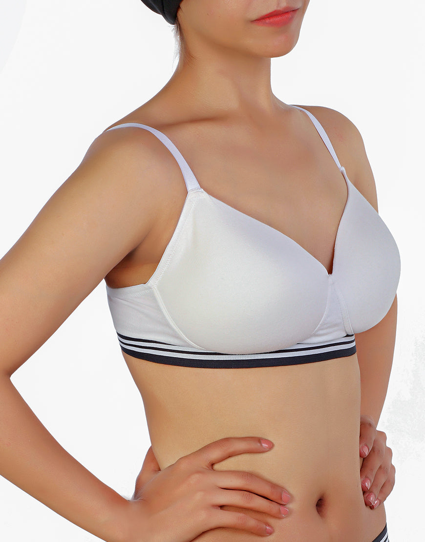 LIGHTLY PADDED NON WIRED TSHIRT BRA WITH STRIPED ELASTIC WAIST BAND-WHITE