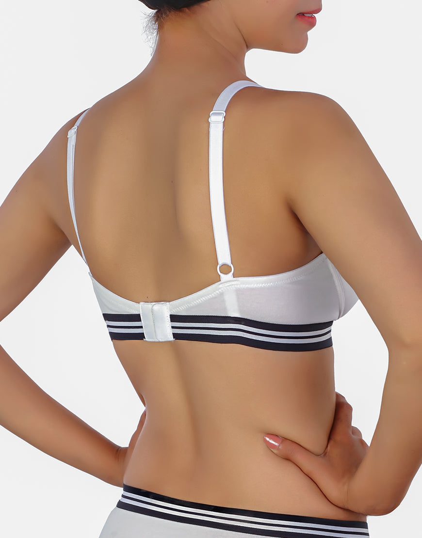 LIGHTLY PADDED NON WIRED TSHIRT BRA WITH STRIPED ELASTIC WAIST BAND-WHITE