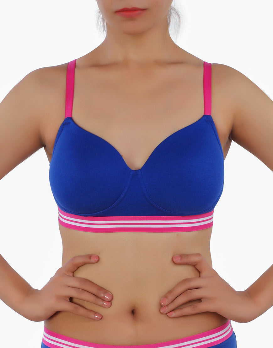 LIGHTLY PADDED NON WIRED TSHIRT BRA WITH STRIPED ELASTIC WAIST BAND-BLUE