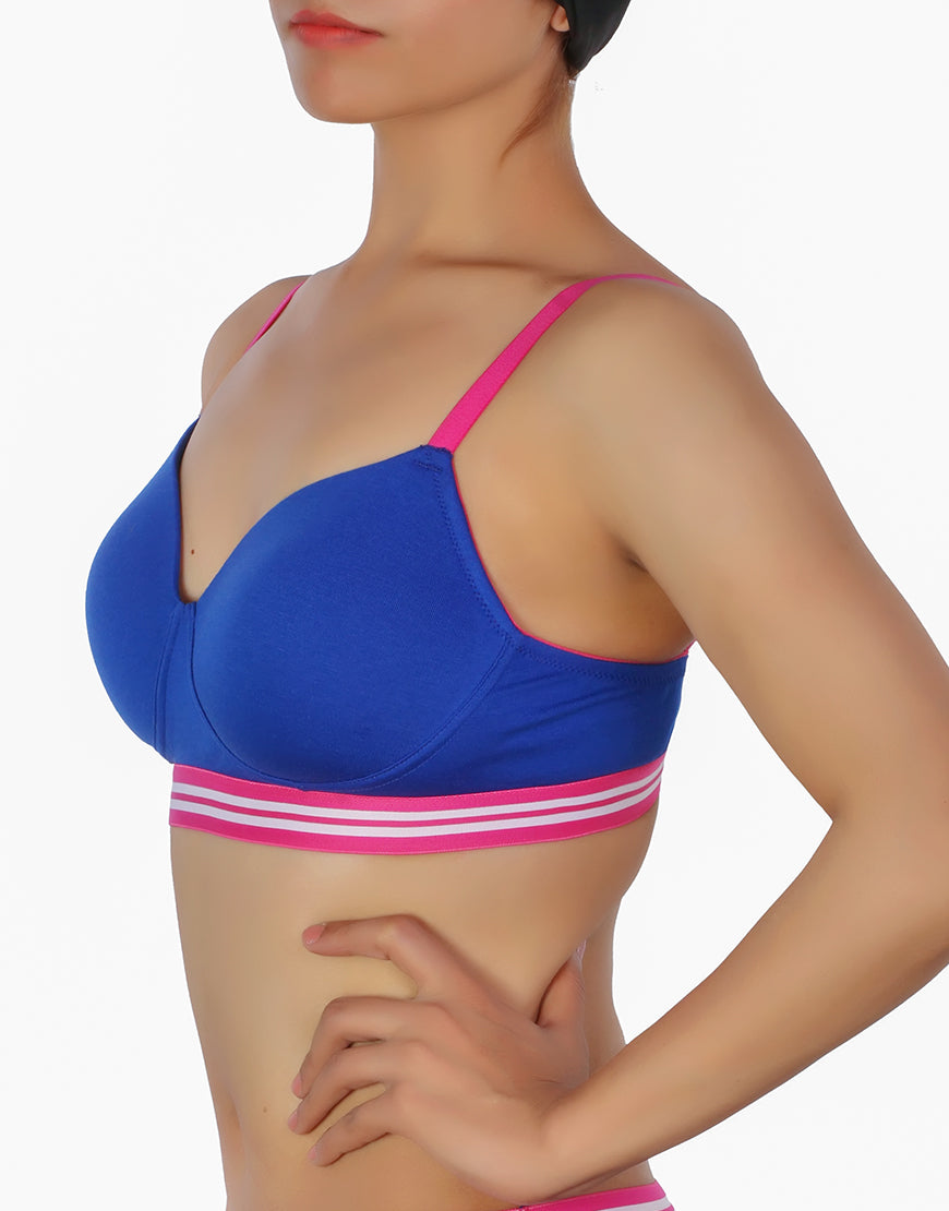 LIGHTLY PADDED NON WIRED TSHIRT BRA WITH STRIPED ELASTIC WAIST BAND-BLUE