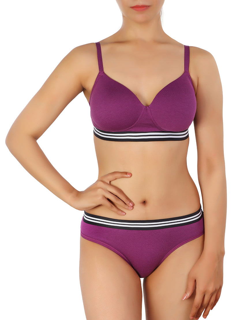 LIGHTLY PADDED NON WIRED TSHIRT BRA WITH MATCHING PANTY-PURPLE