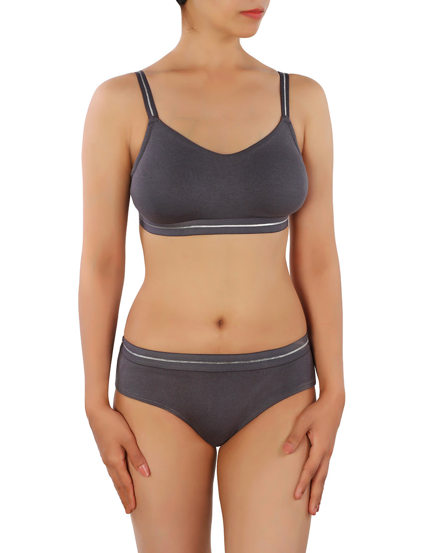 DOUBLE LAYERED COTTON WIREFREE BRA WITH GLITTER ELASTIC WAIST BAND -GREY