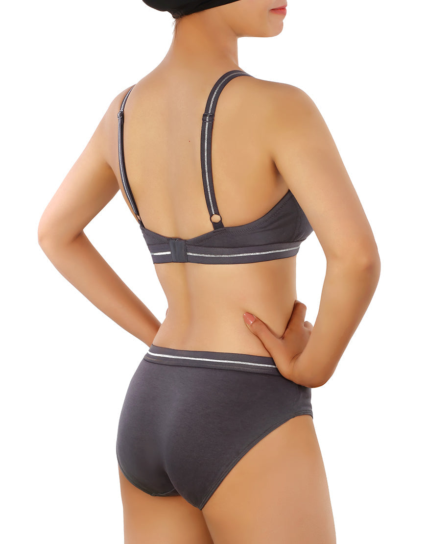 DOUBLE LAYERED COTTON WIREFREE BRA WITH GLITTER ELASTIC WAIST BAND -GREY