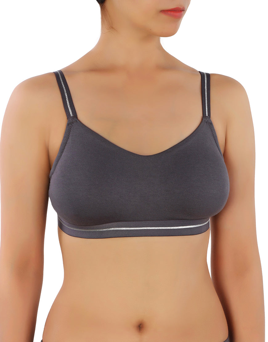 DOUBLE LAYERED COTTON WIREFREE BRA WITH GLITTER ELASTIC WAIST BAND -GREY