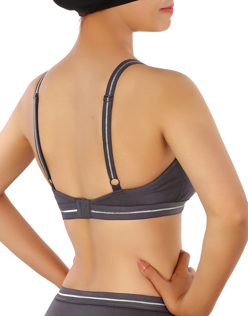 DOUBLE LAYERED COTTON WIREFREE BRA WITH GLITTER ELASTIC WAIST BAND -GREY