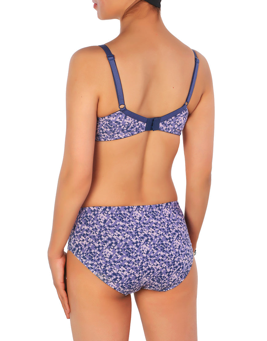 DOUBLE LAYERED FULL COVERAGE COTTON WIREFREE BRA WITH MATCHING PANTY-PURPLE PRINT