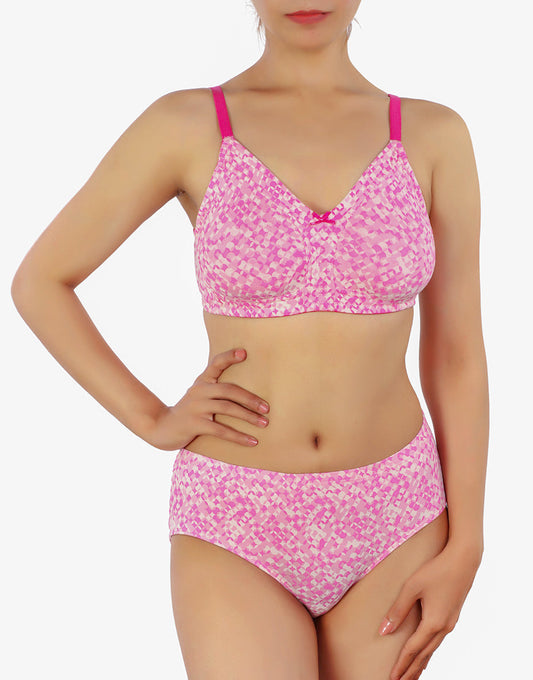 DOUBLE LAYERED FULL COVERAGE COTTON WIREFREE BRA WITH MATCHING PANTY-PINK PRINT