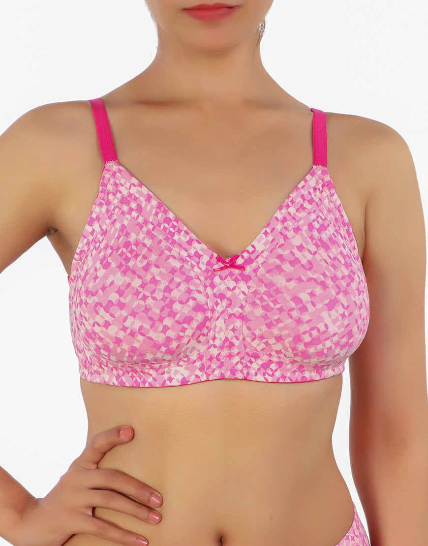 DOUBLE LAYERED FULL COVERAGE COTTON WIREFREE BRA WITH DIAMOND GEOMETRIC-PINK PRINT