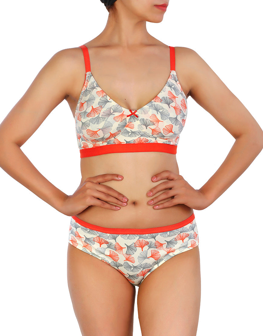 DOUBLE LAYERED COTTON WIREFREE BRA WITH MATCHING PANTY-ORANGE