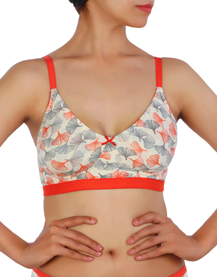 DOUBLE LAYERED COTTON WIREFREE BRA PRINTED BRA  -ORANGE