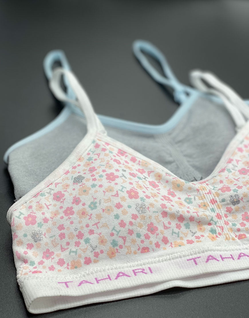 TAHARI GIRLS PACK OF 2 TRAINING BRAS WITH REMOVABLE PADS-PRINT/GREY